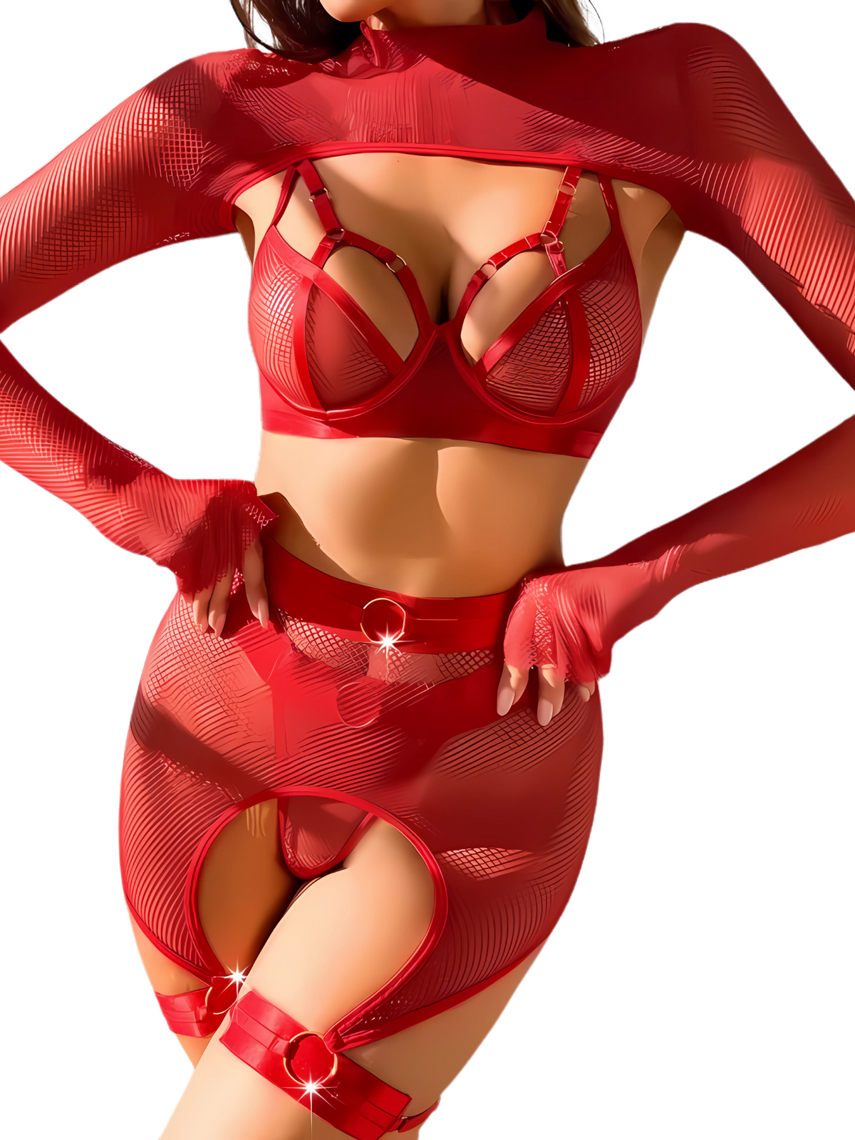 Sexy Temptation Lingerie – Hollow Mesh Long Sleeve Set with Garters"