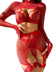 Sexy Temptation Lingerie – Hollow Mesh Long Sleeve Set with Garters"