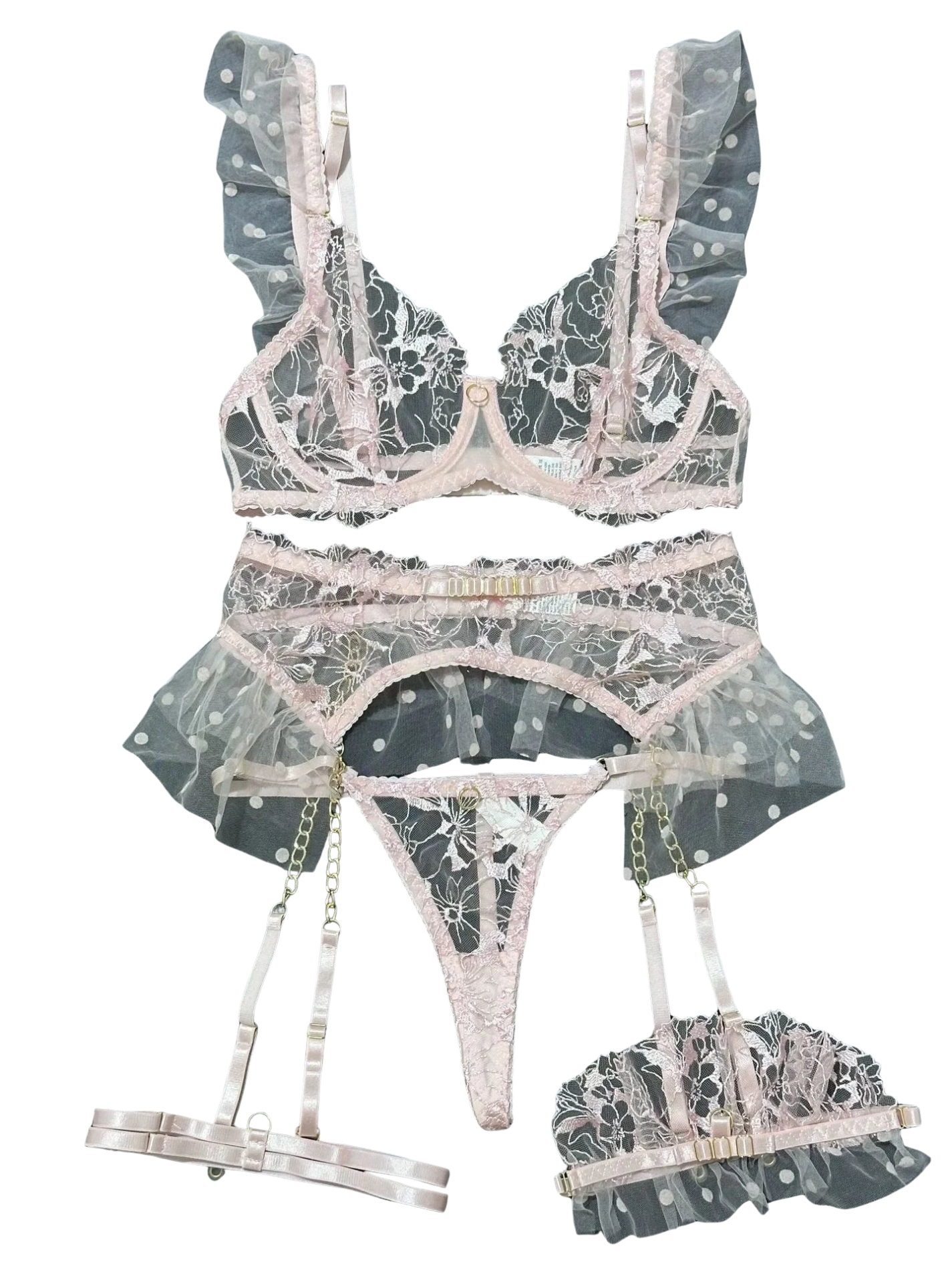 4-Piece Erotic Lingerie Set – Lace Embroidery, Garters & Metal Chain Accents