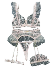 4-Piece Erotic Lingerie Set – Lace Embroidery, Garters & Metal Chain Accents