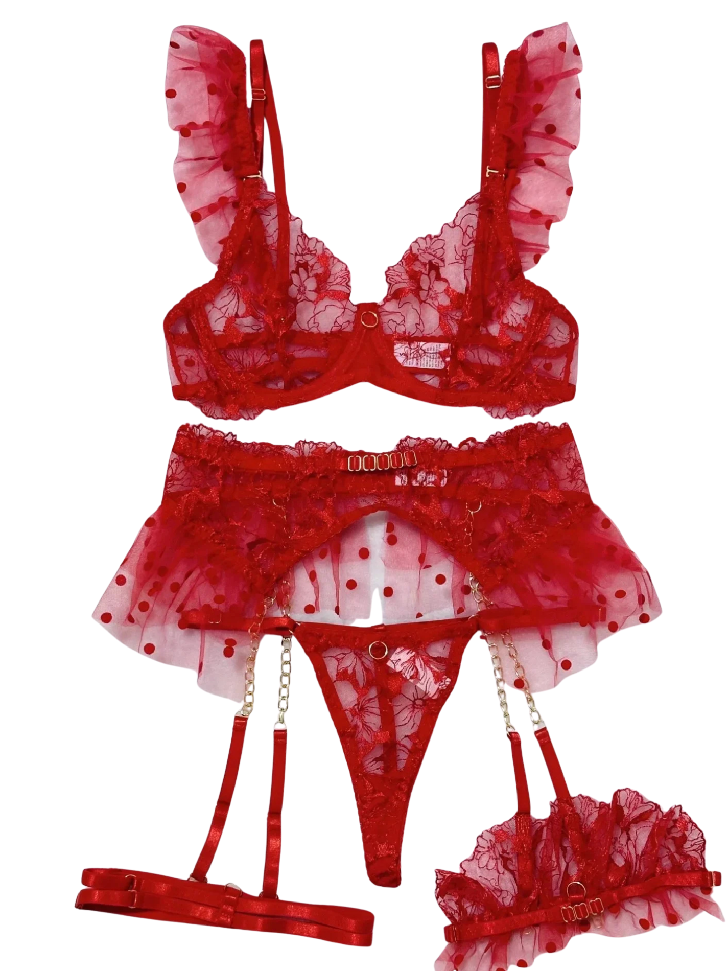 4-Piece Erotic Lingerie Set – Lace Embroidery, Garters & Metal Chain Accents