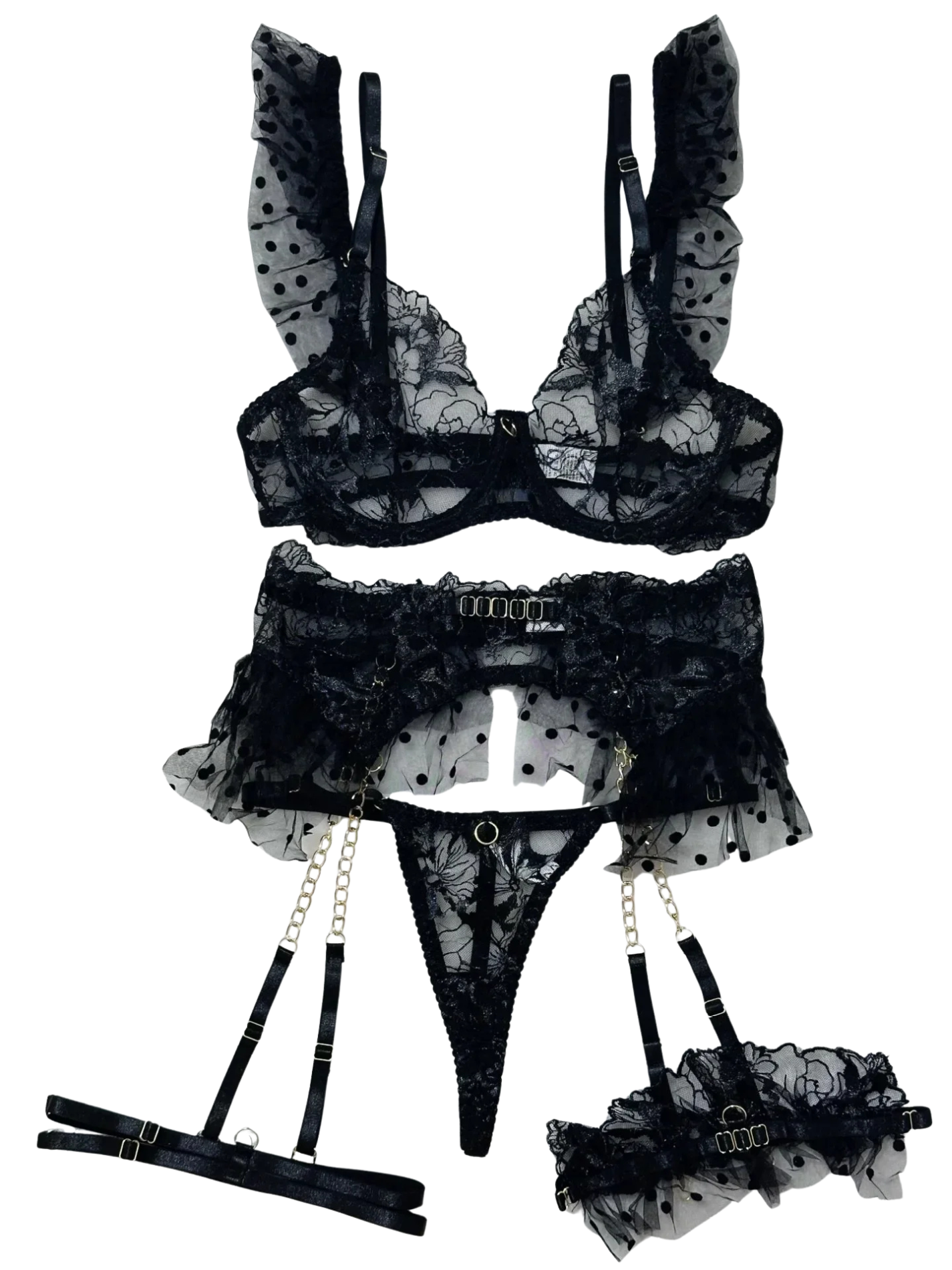 4-Piece Erotic Lingerie Set – Lace Embroidery, Garters & Metal Chain Accents
