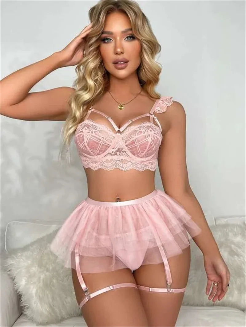 Erotic See-Through Mesh Dress & Garter Lingerie Set