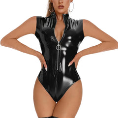 Glossy Faux Leather Lingerie – Open Bust Tank Bodysuit for Women