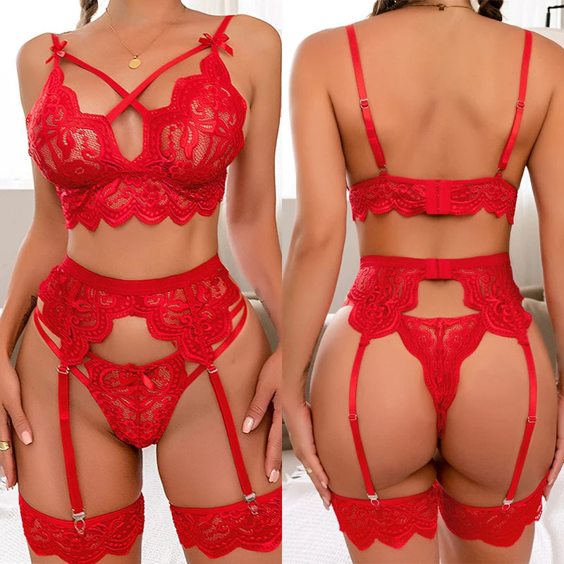Sexy Hollow-Out Lingerie Set | Women's Erotic Bow Bra & Panty